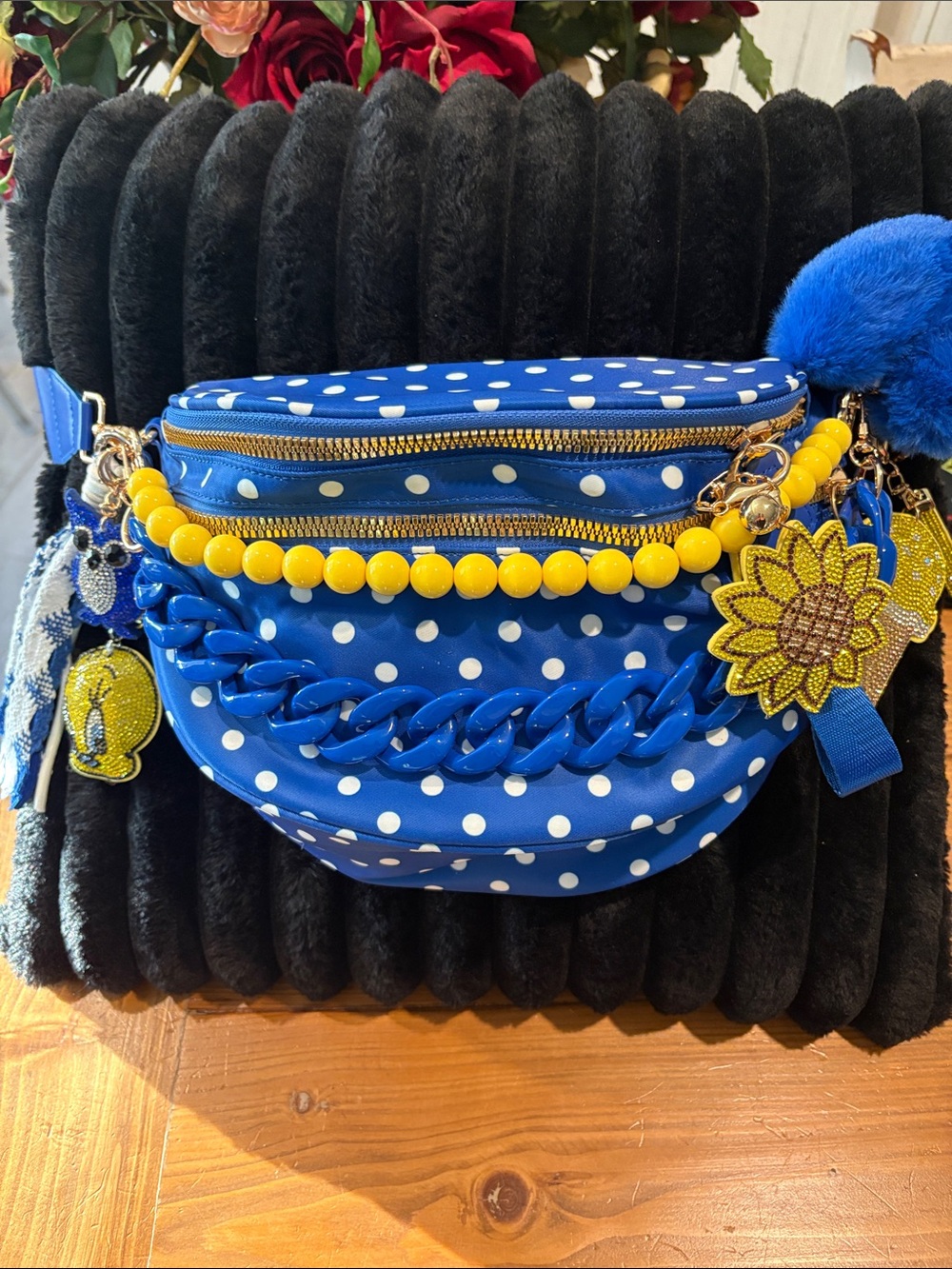 Blue Polka Dot Belt Bag with Yellow Bead Trim